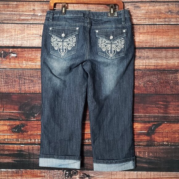 Earl Jean Embellished Jeans Size 8 Dark Blue Denim Capri Cropped Cuffed - Picture 3 of 8